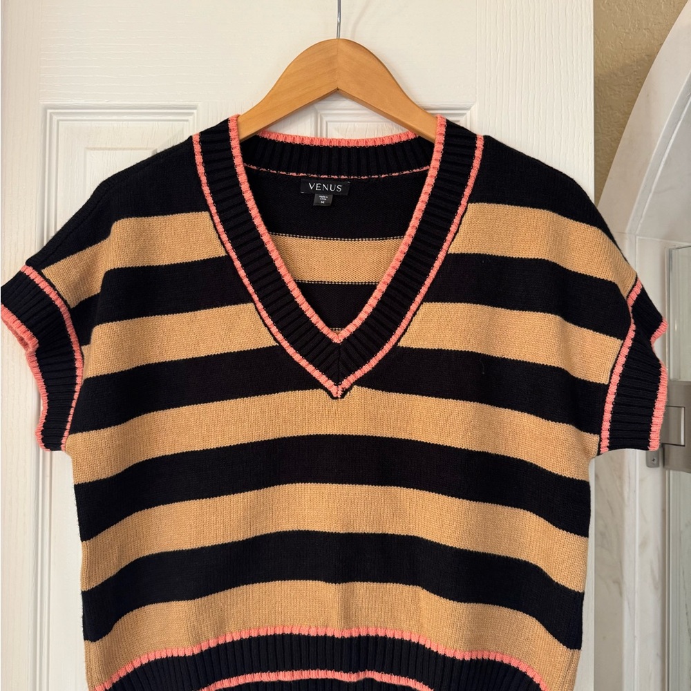VENUS Black, Tan & Pink Trim Striped V-Neck Sweater Top